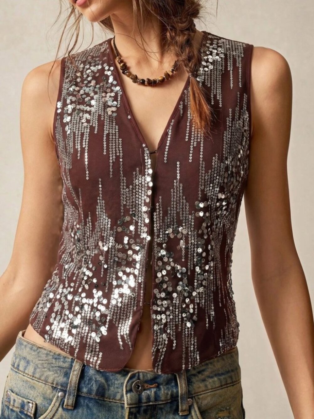 Silver Sequin Sheer Mesh Vest Top with V Neck Hook Front